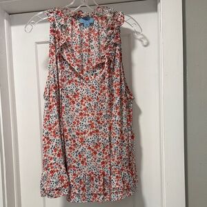 CeCe Floral Ruffle Blouse - Red, cream and blue